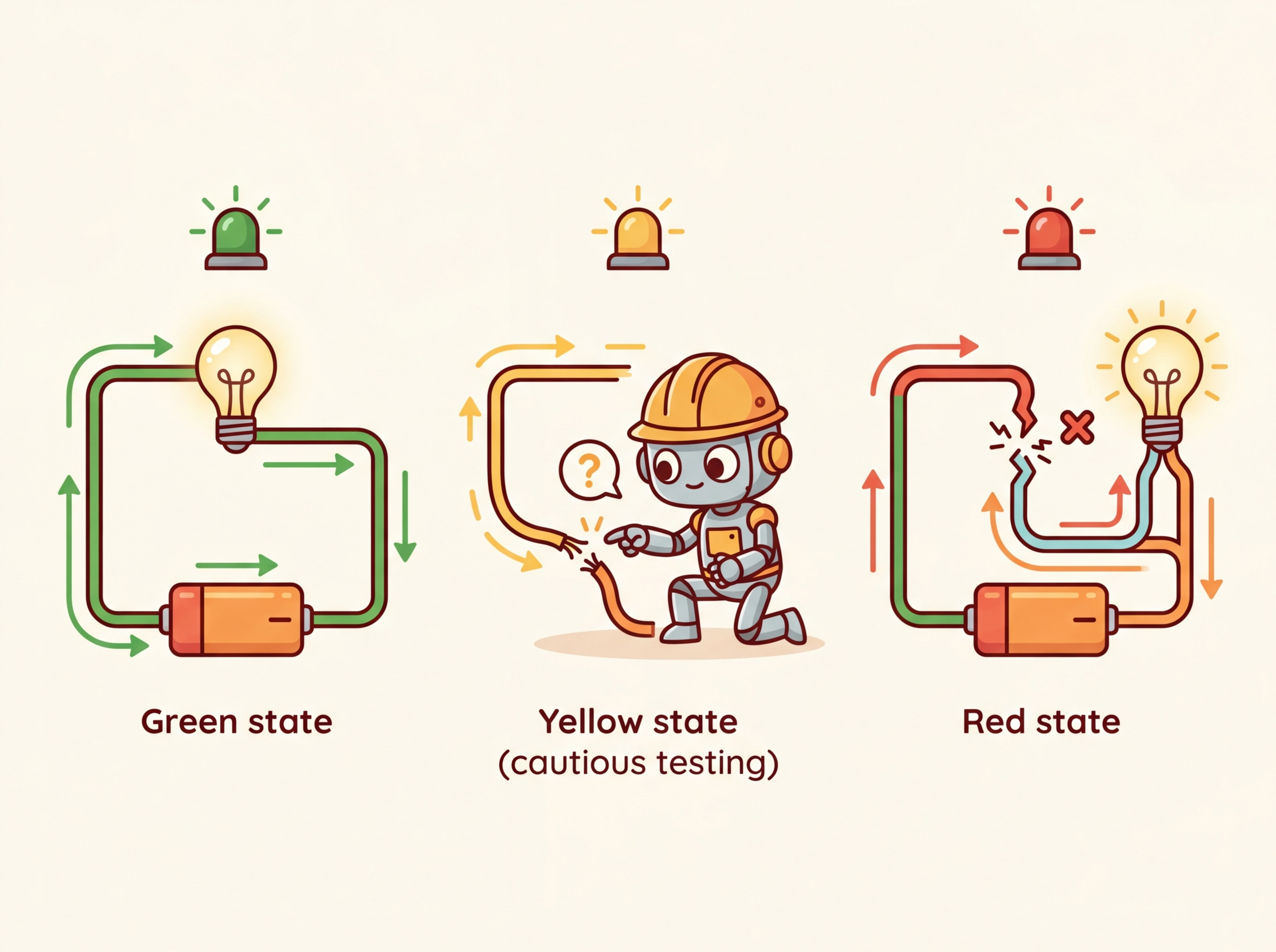 A circuit breaker switching between closed (normal), open (failing), and half-open (testing) states for API resilience