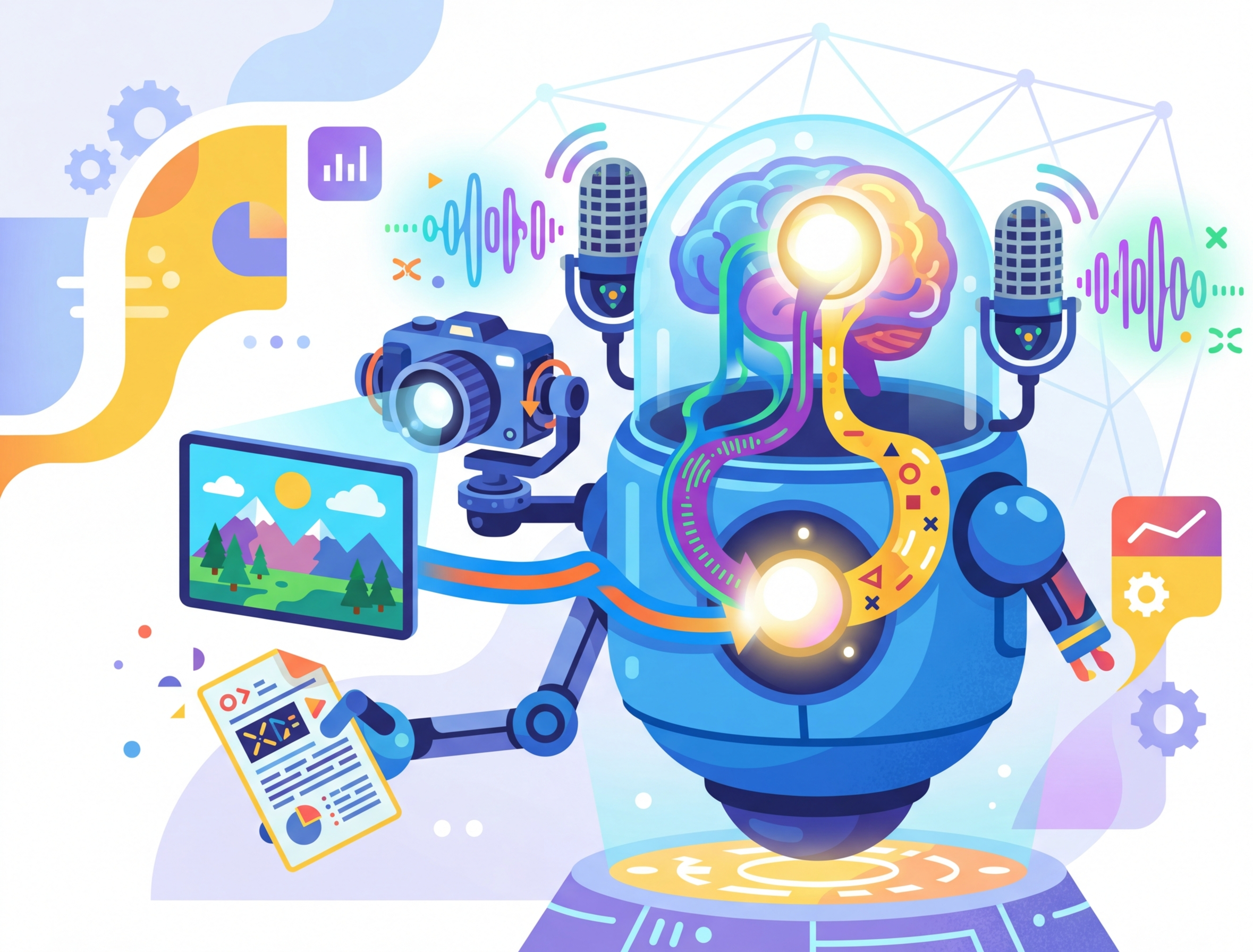 A robot with multiple sensory inputs (eyes for images, ears for audio, hands for text) representing multimodal APIs