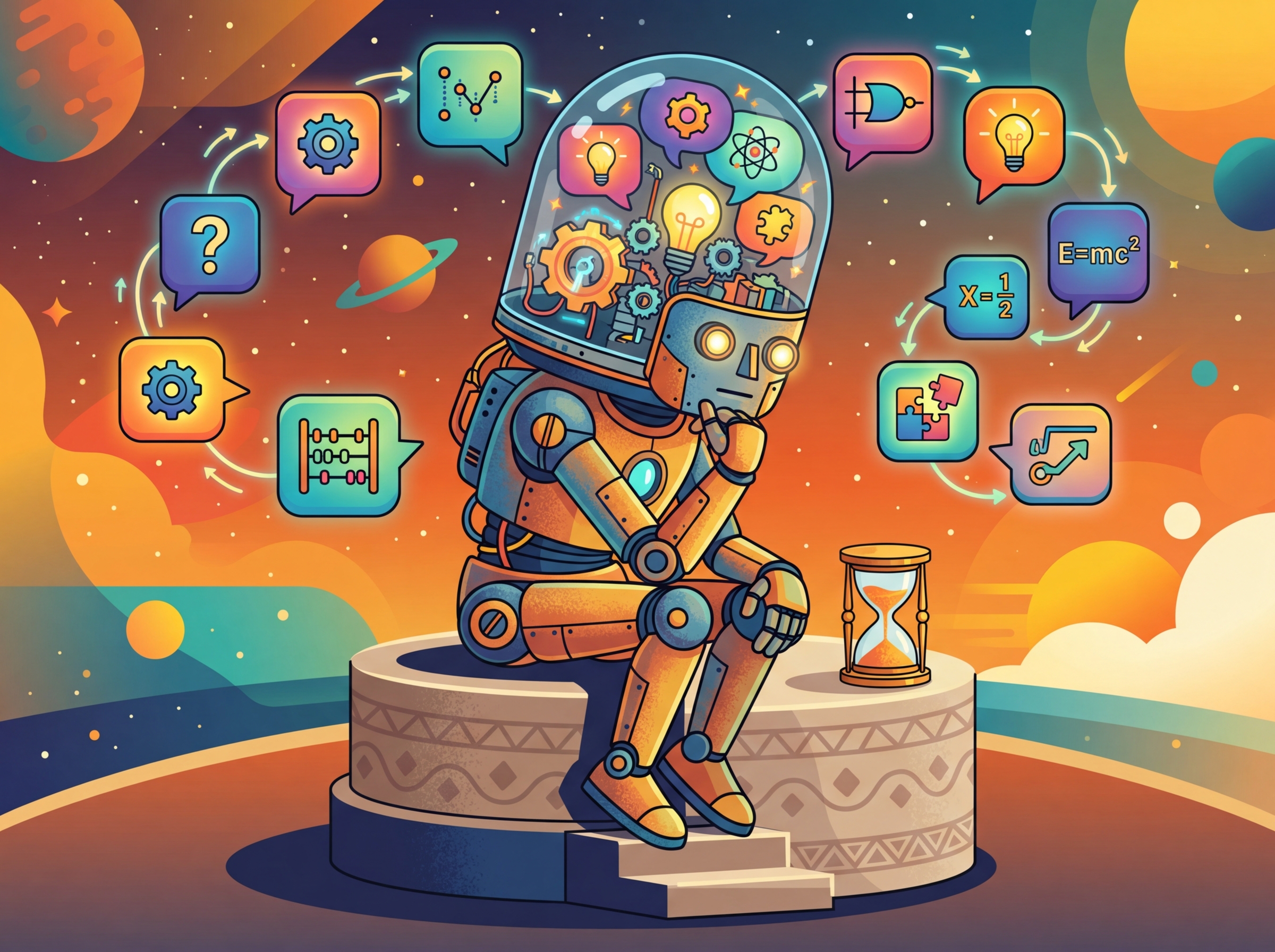 A model sitting in a thinking pose, with visible extended thinking tokens being generated before the final answer