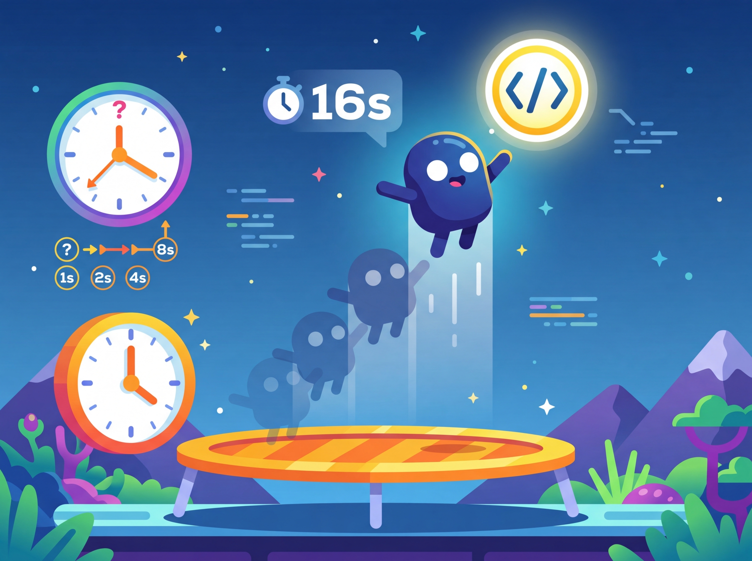 A trampoline showing exponential backoff retry strategy, with each bounce taking longer before the next attempt