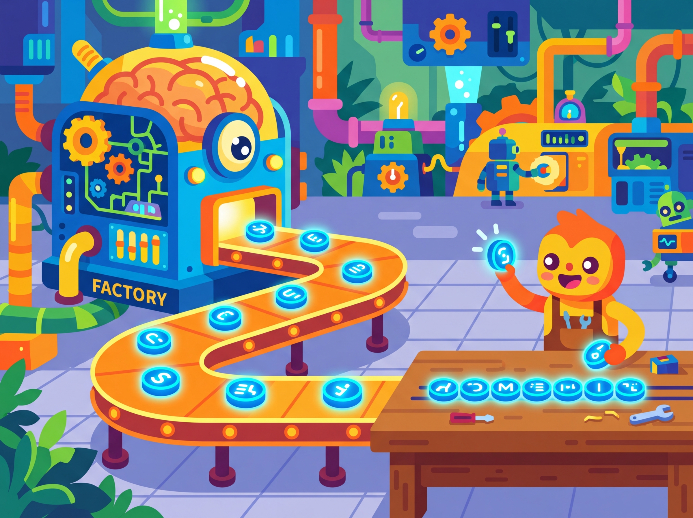 A conveyor belt delivering tokens one at a time via Server-Sent Events, showing streaming API responses