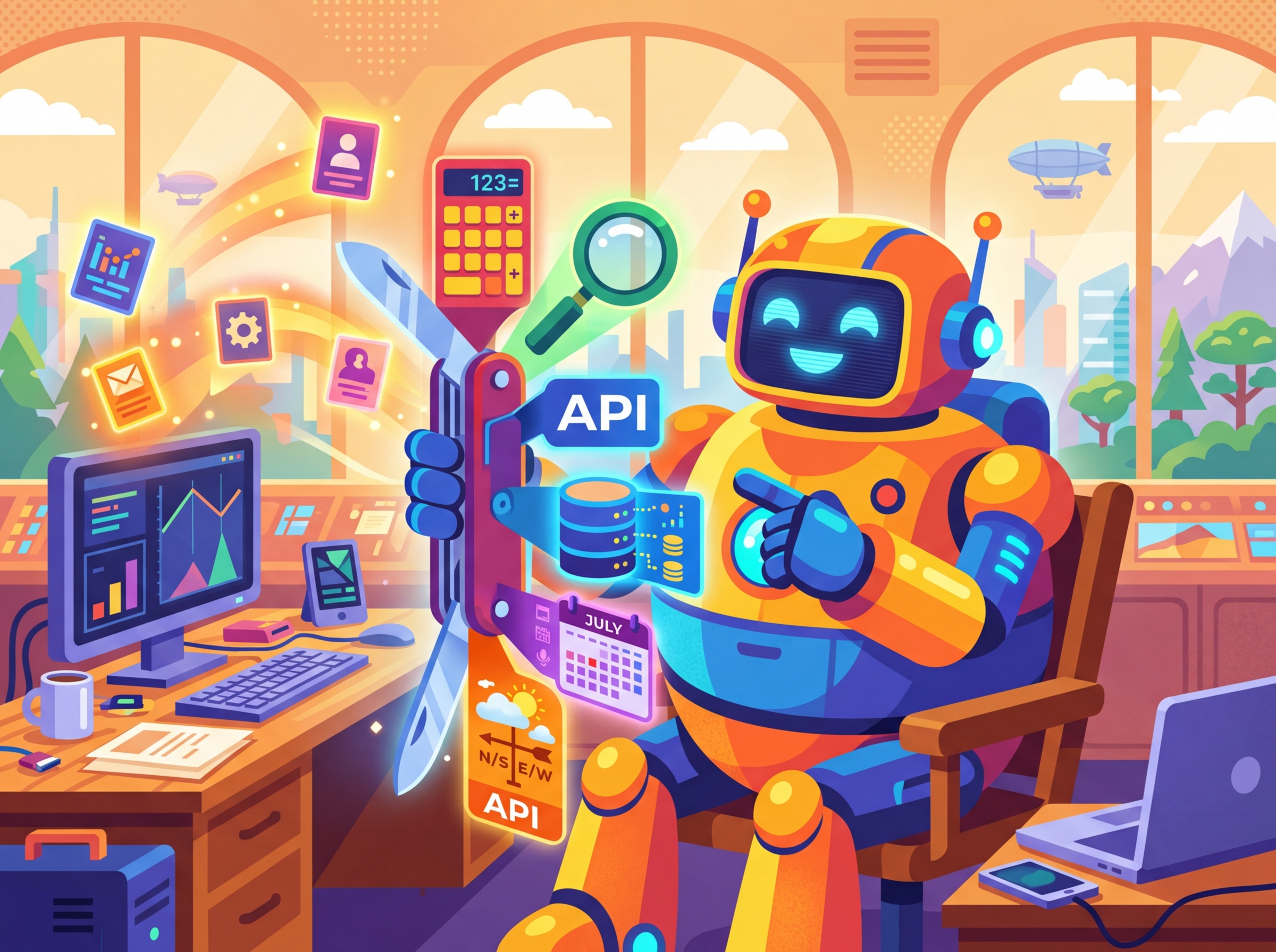 A Swiss army knife with different tools representing various API function calls available to the model