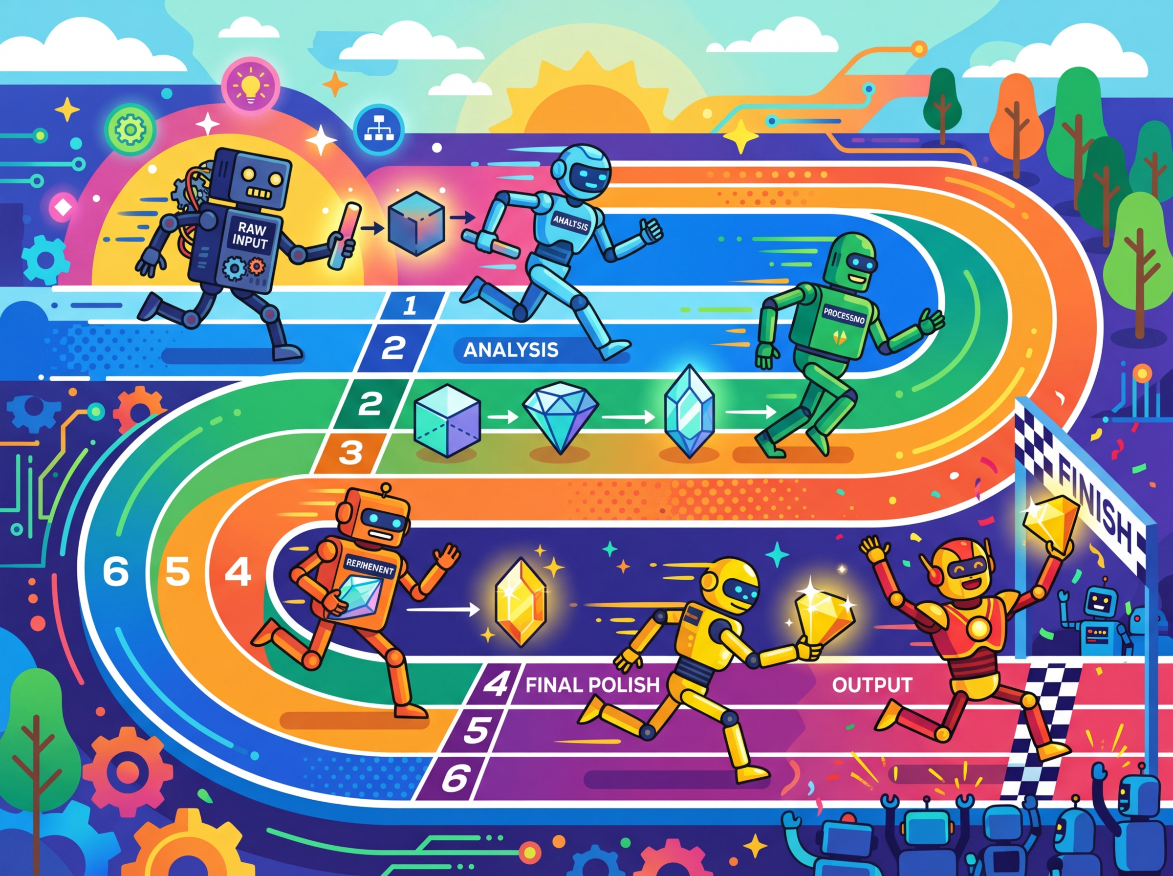 A relay race where each runner (prompt step) passes a baton (context) to the next, showing prompt chaining