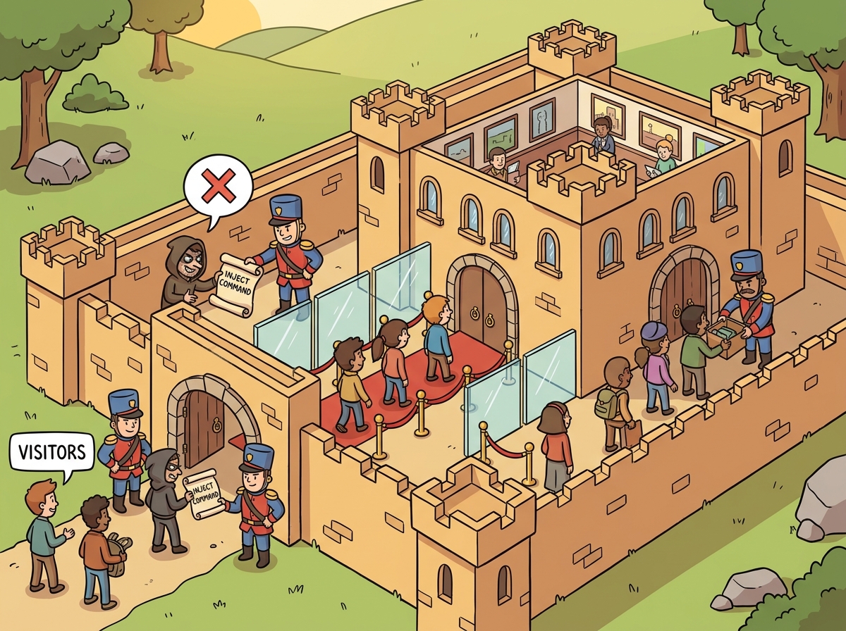 A fortified castle defending against prompt injection attacks with multiple layers of security