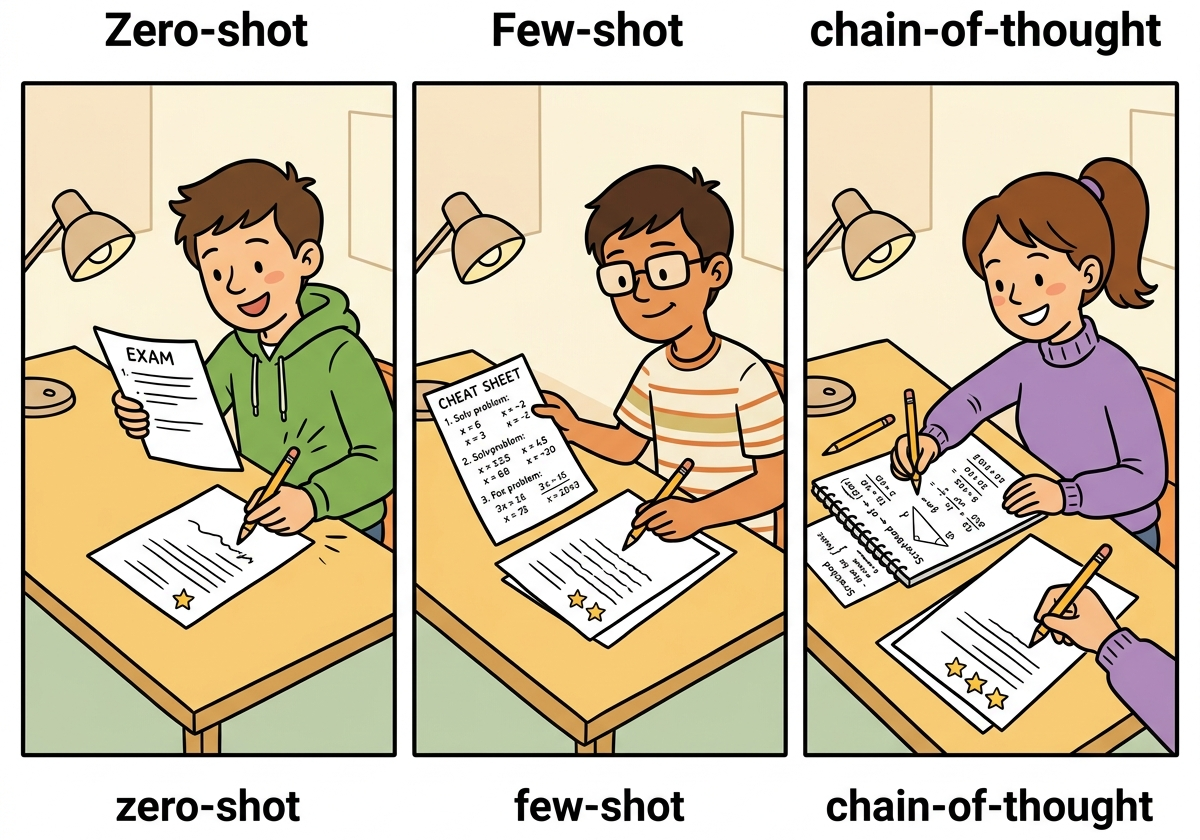 Different students in a classroom representing different prompting strategies: zero-shot, few-shot, and chain-of-thought