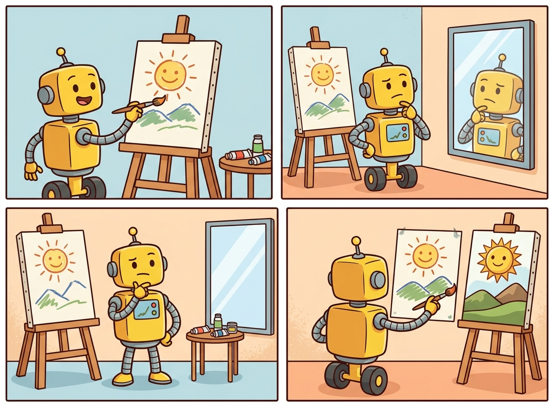 A circular loop showing a model generating output, critiquing it, and refining it iteratively