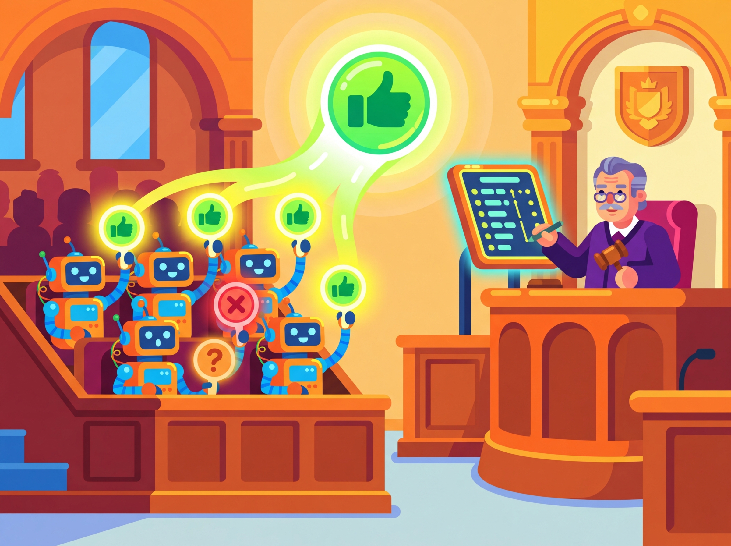 A jury of multiple model outputs voting on the best answer, illustrating self-consistency sampling