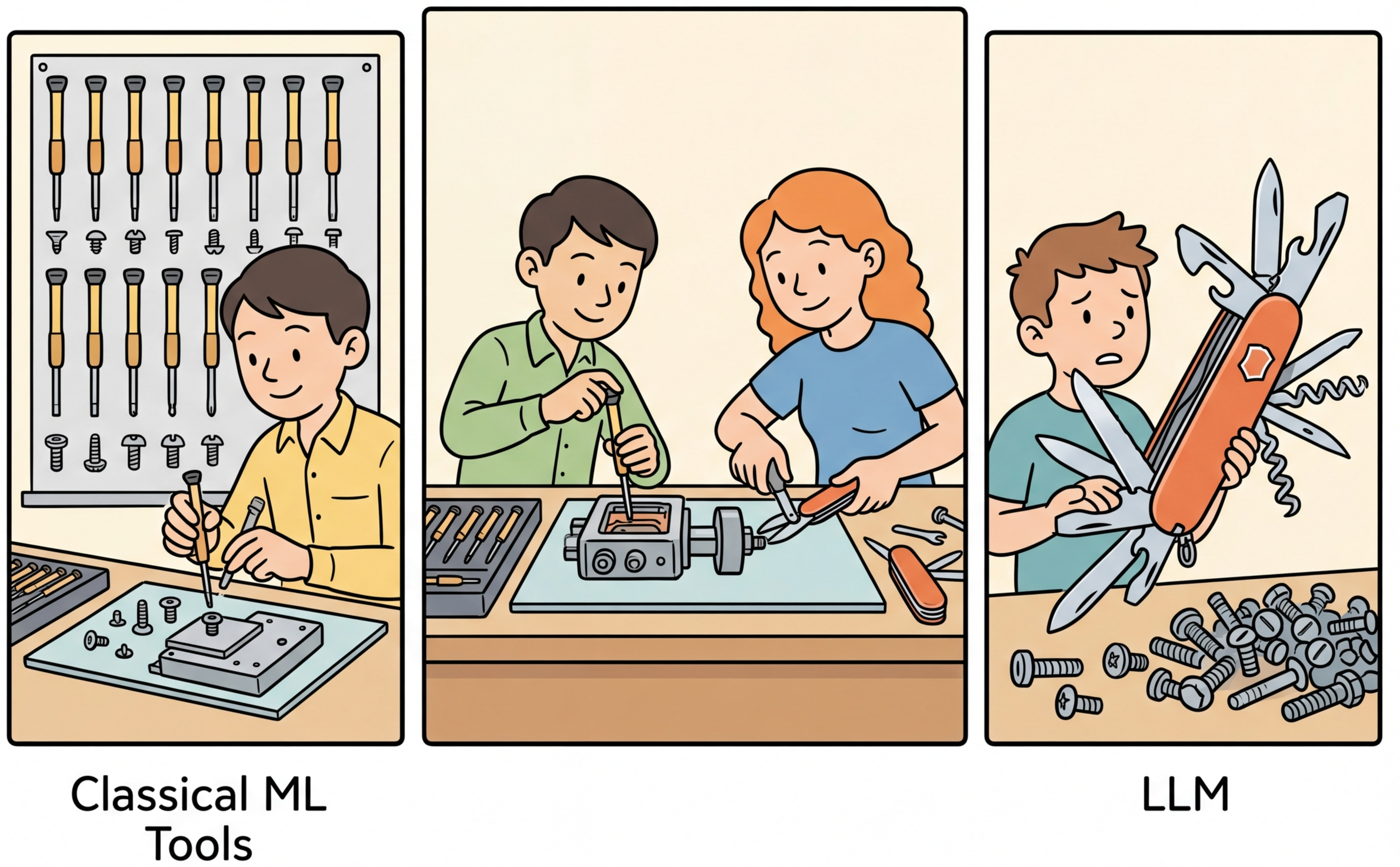 A toolbox comparing classical ML tools (fast, specialized) with LLM tools (flexible, general-purpose)