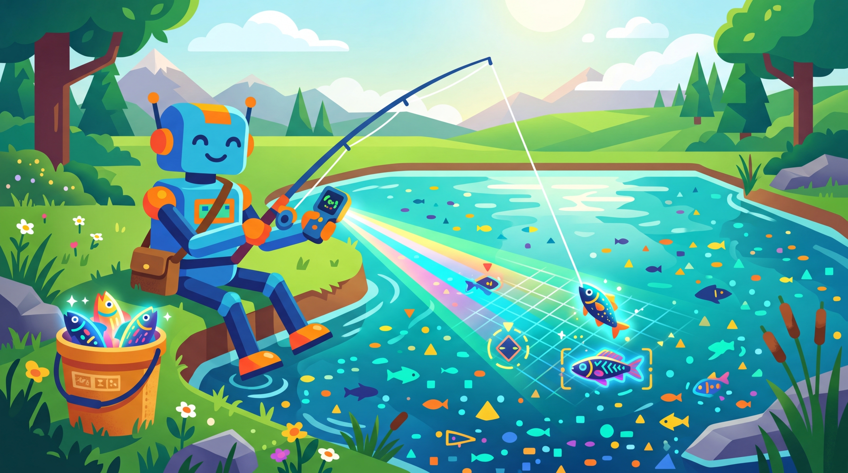 A fisherman carefully selecting which fish to catch from a sea of data points, choosing the most informative ones