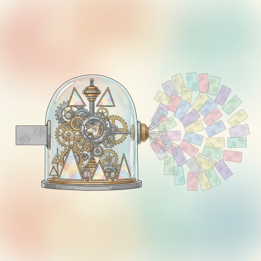 A whimsical kaleidoscope machine: a single data card enters on the left and fans out into many colorful varied copies on the right