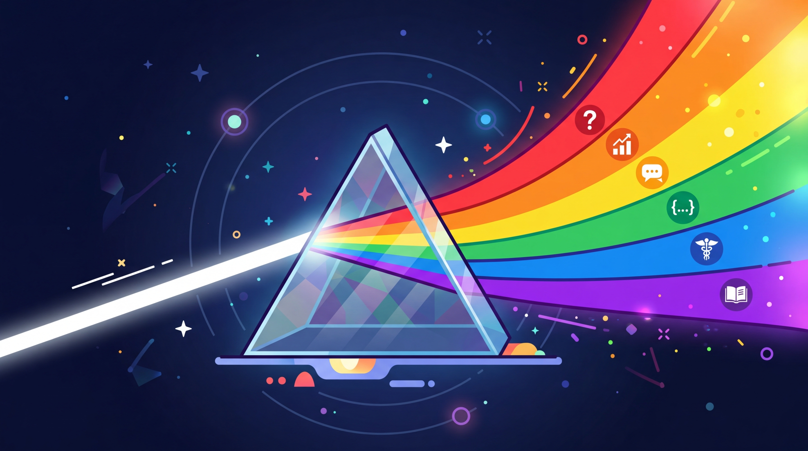 A rainbow spectrum of diverse data samples spanning different topics, styles, and formats