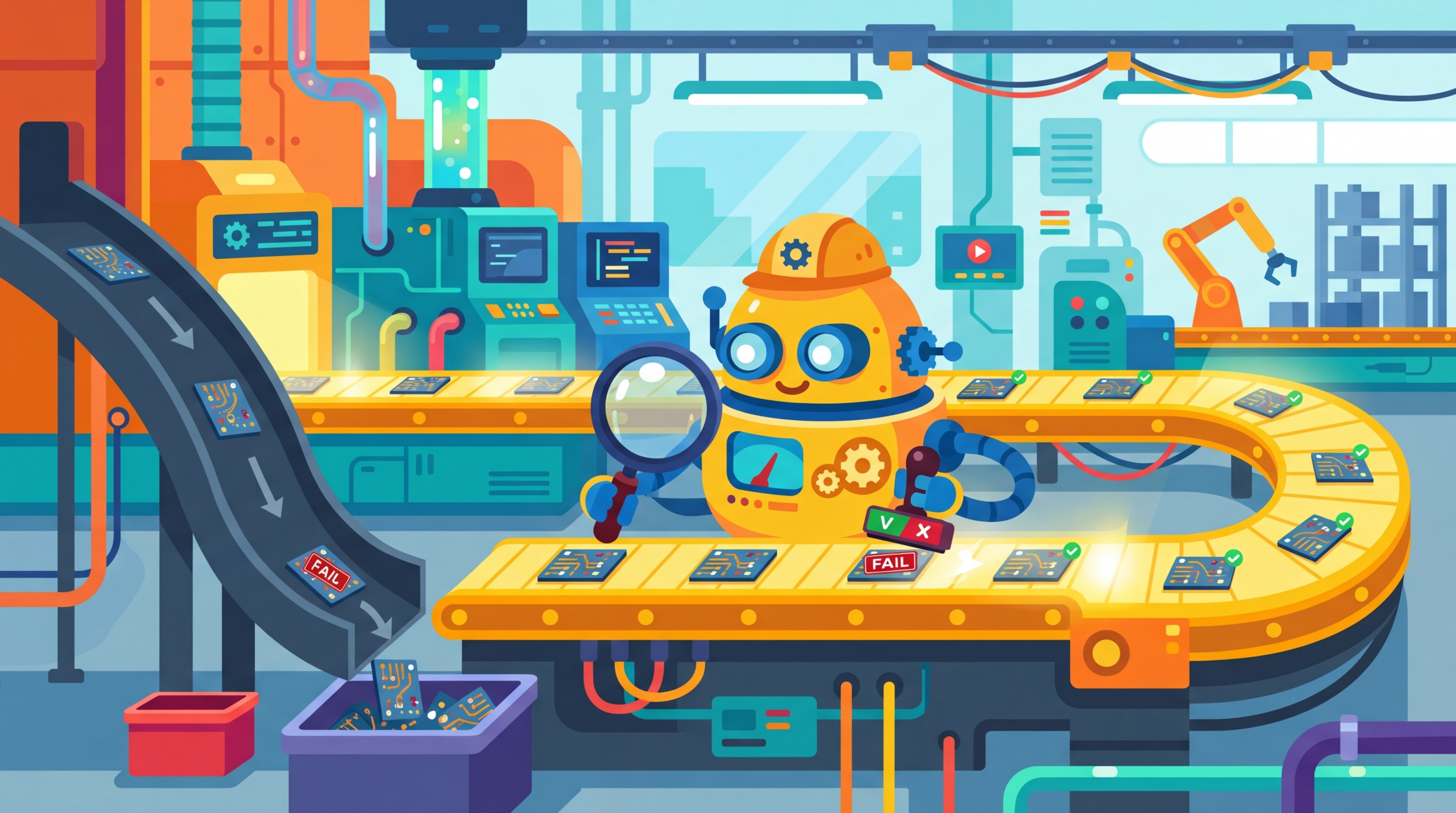 An inspector with a magnifying glass examining data samples on a conveyor belt, rejecting flawed ones