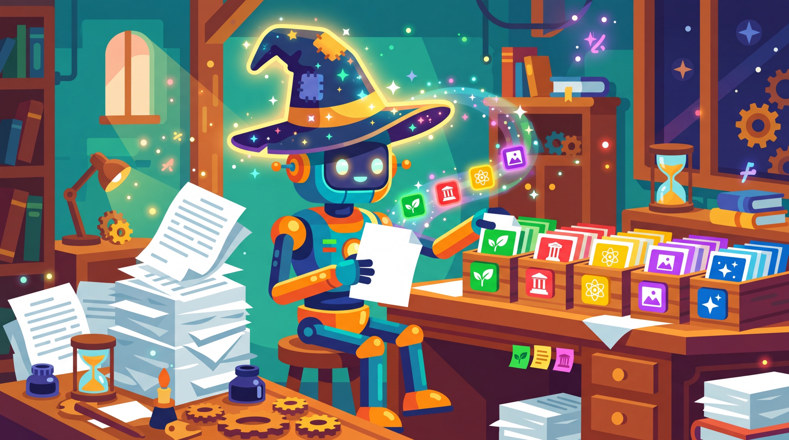 A sorting hat from a magical school placing labels on data examples, categorizing them into different houses