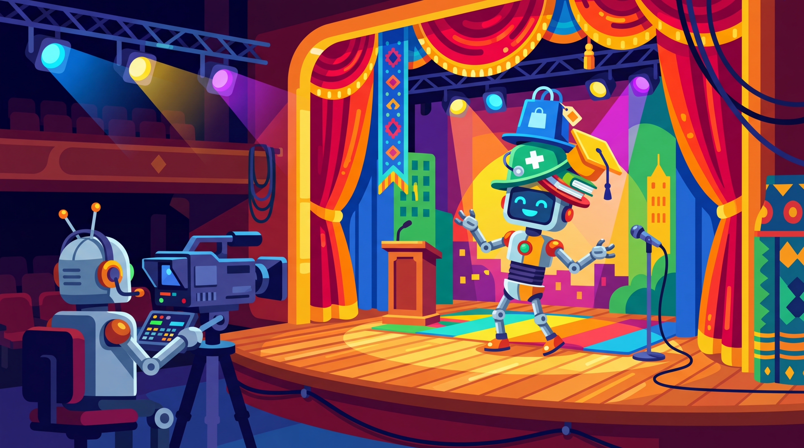 An LLM on a theater stage performing different roles with costume changes representing different personas