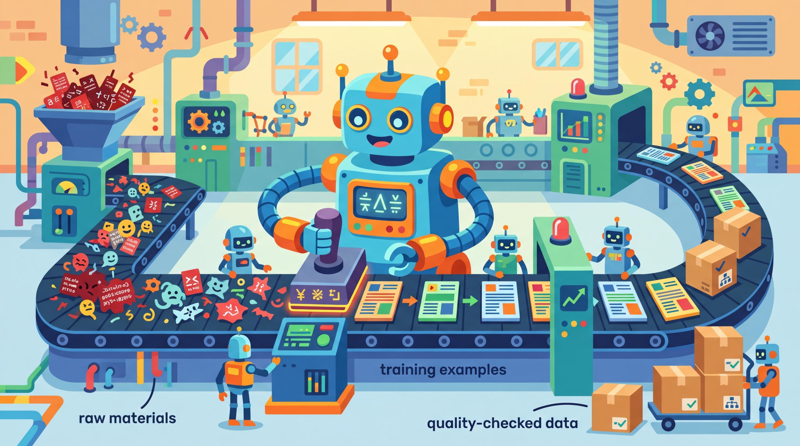 An assembly line where an LLM processes prompts on a conveyor belt, producing structured outputs