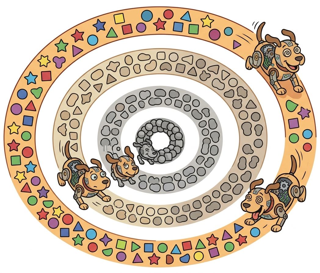 A spiral descending into increasingly distorted and repetitive outputs, representing model collapse from training on synthetic data