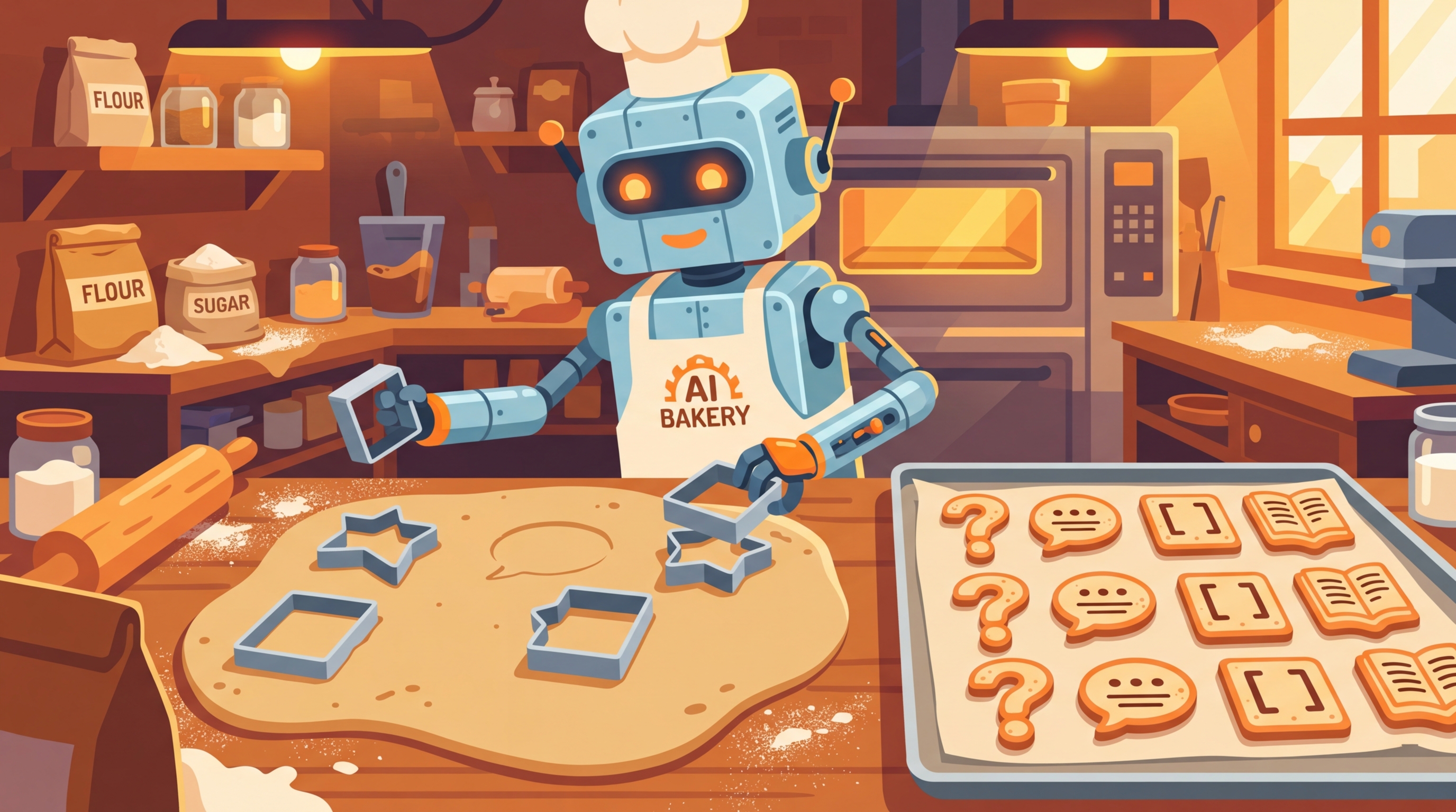 Cookie cutters shaped like prompt templates stamping out uniform data examples from dough