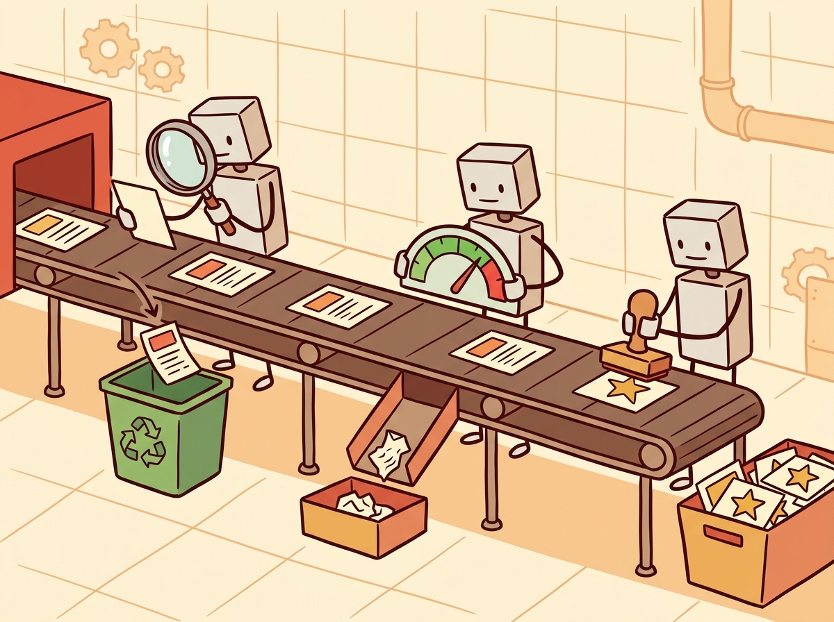 A pipeline with multiple filters catching bad data while letting high-quality examples pass through