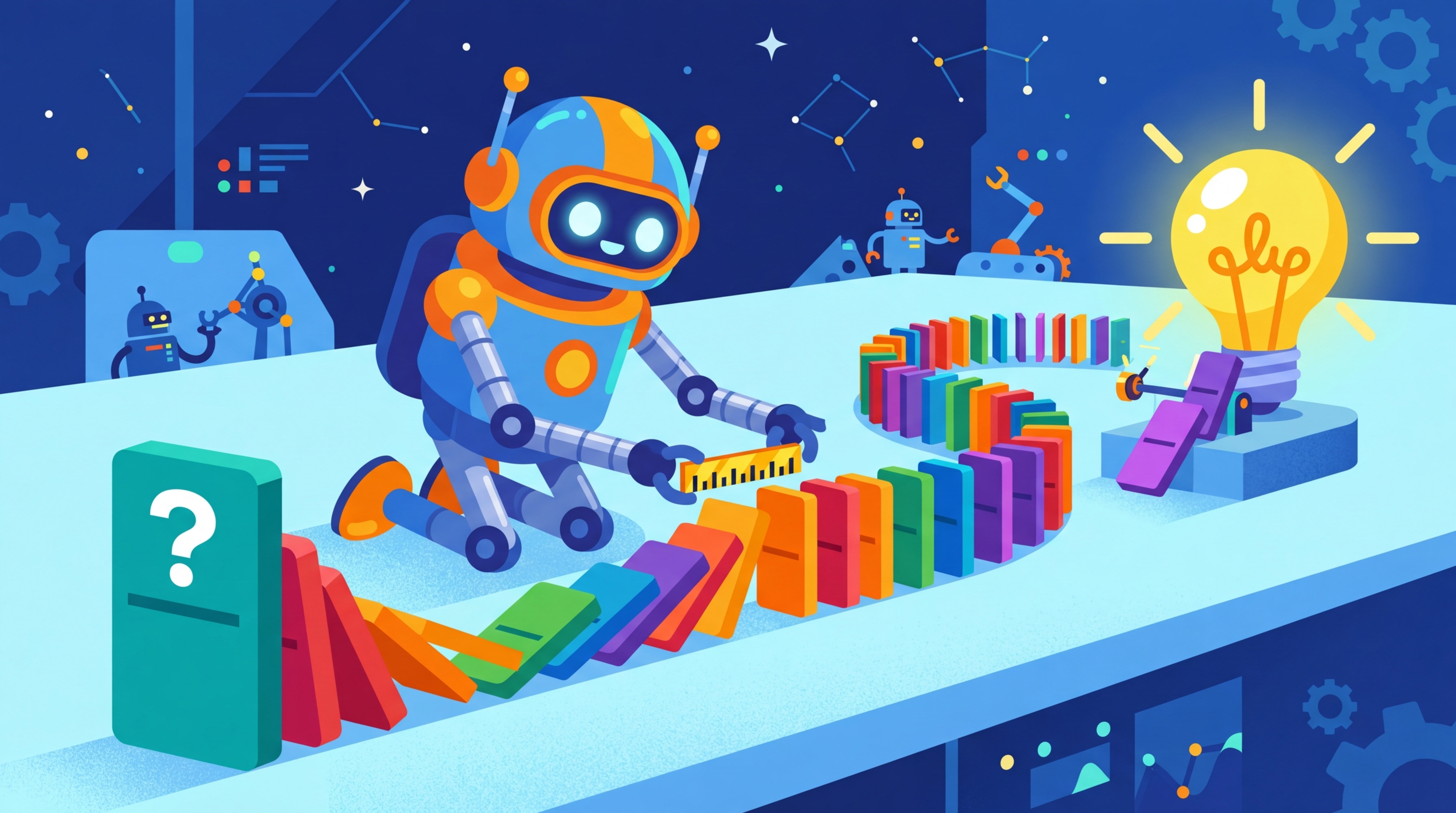 A chain of dominos falling in sequence, each representing a step in a reasoning chain