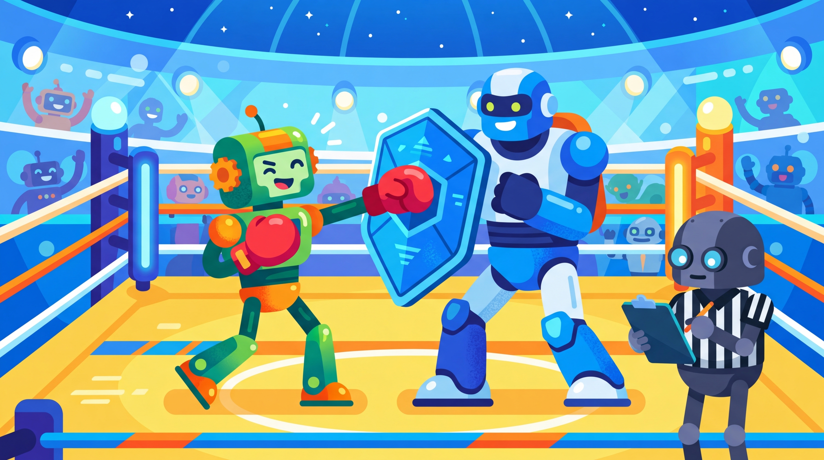 Two LLMs in a boxing ring, one generating adversarial examples while the other tries to defend against them