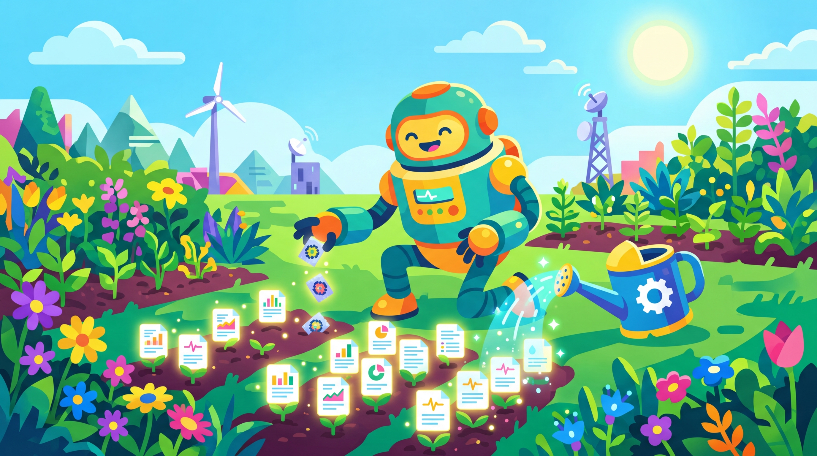 A garden where seed examples grow into a full dataset, with small seedlings becoming large data trees