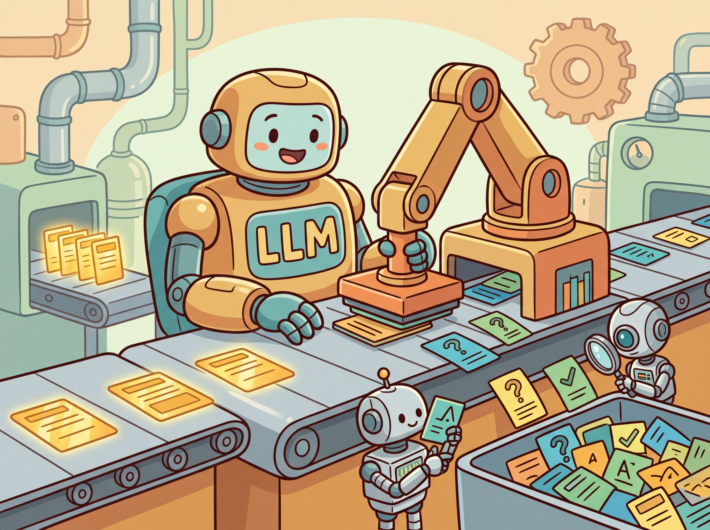 A whimsical factory assembly line producing synthetic training data from raw materials