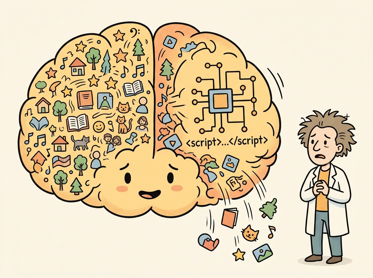 A model losing old memories while absorbing new ones, depicted as books falling off a shelf as new ones are added