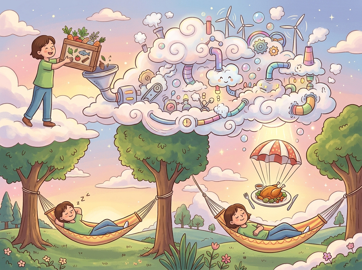 A person dropping off a package of ingredients at a cloud-shaped factory in the sky then relaxing in a hammock while a finished gourmet dish descends on a small parachute