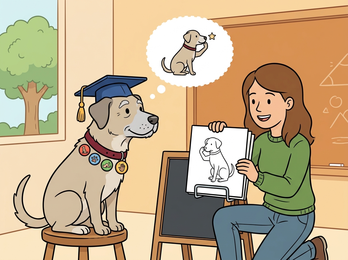 An old dog happily learning a new trick, representing a pretrained model being fine-tuned for a new task