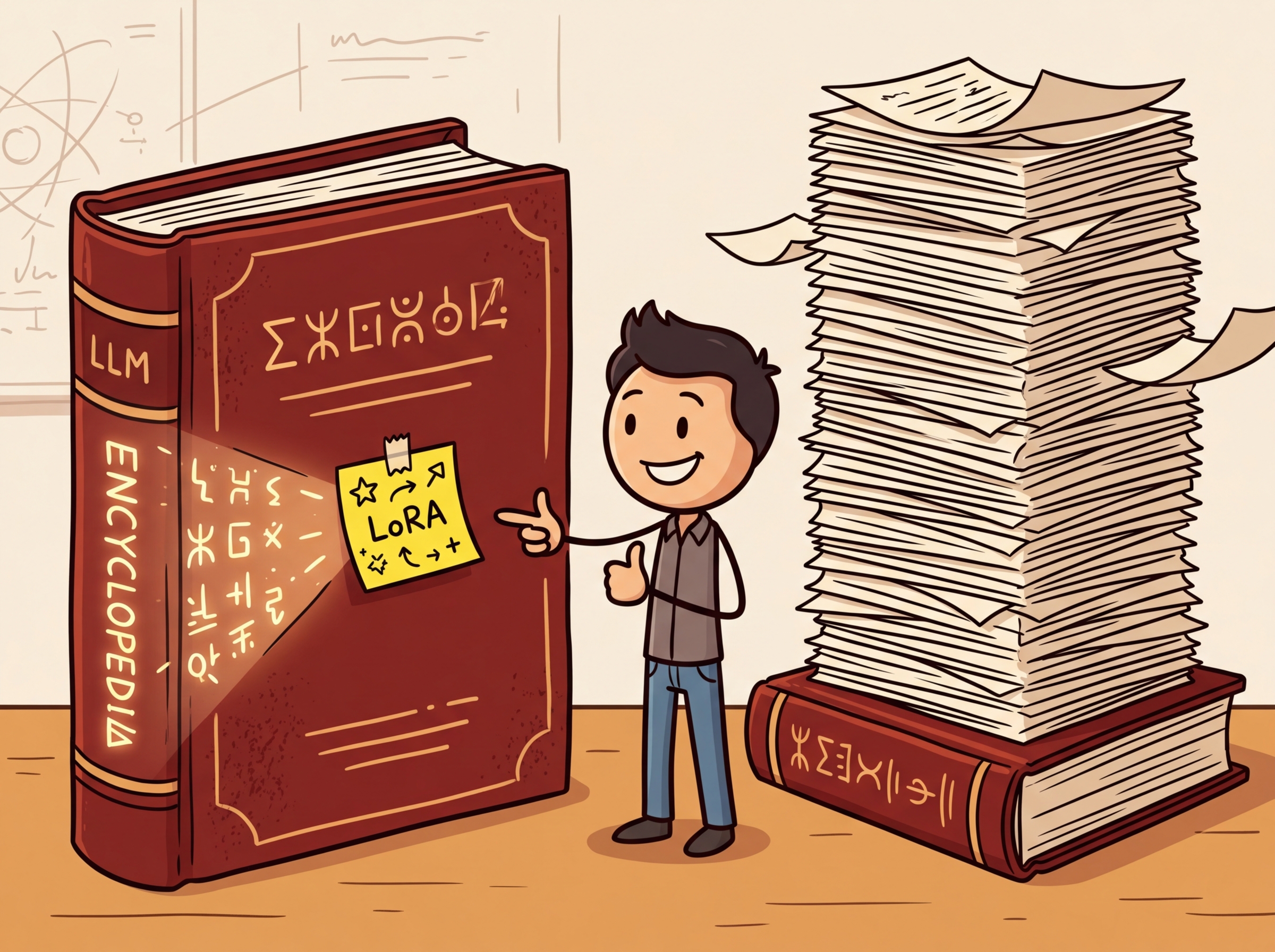 A small sticky note attached to a large frozen neural network, representing LoRA's lightweight trainable parameters