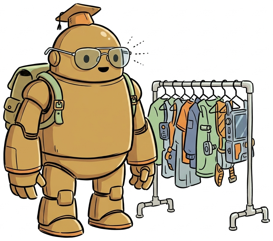 A model wearing various adapter accessories like hats, scarves, and glasses representing different PEFT methods