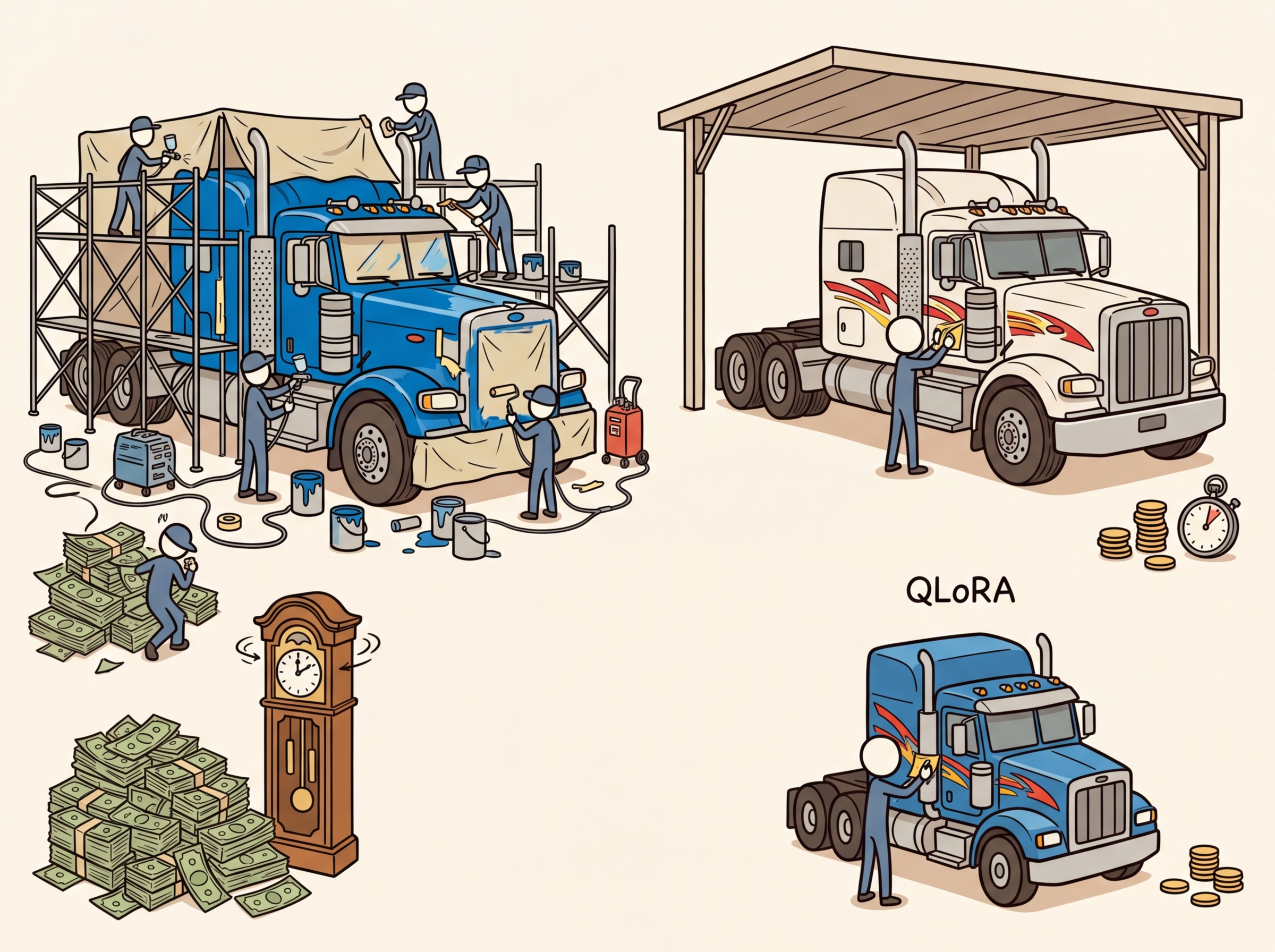 A delivery truck with custom decals representing QLoRA's quantized base model with low-rank adapters