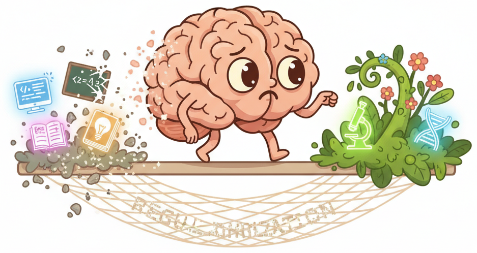 Illustration of catastrophic forgetting showing a neural network losing previously learned knowledge as it trains on new data