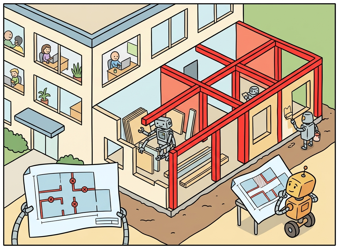 A whimsical illustration of a building being renovated while still occupied, representing continual learning: updating knowledge without demolishing existing capabilities