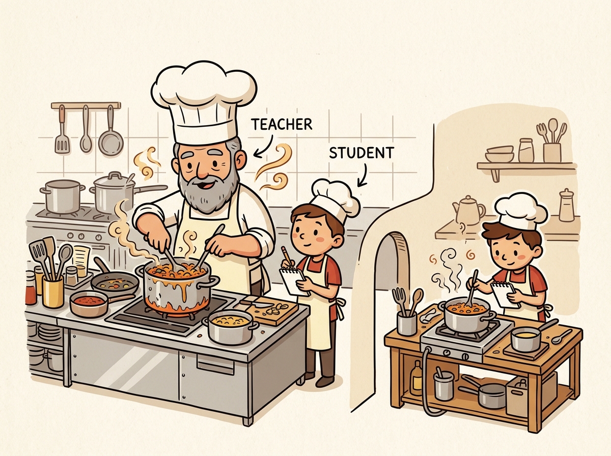 A master chef (teacher model) guiding a junior chef (student model) to recreate a complex dish in a simpler way