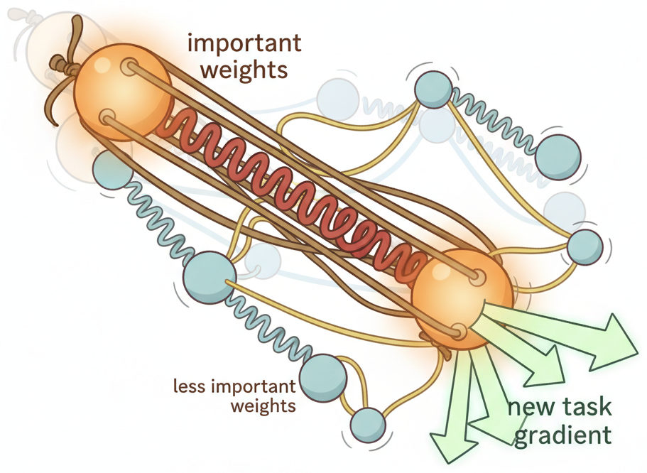 Elastic Weight Consolidation visualized as rubber bands anchoring important parameters to their original values while letting less important ones move freely