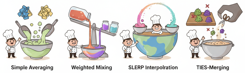 Visual comparison of model merging methods including Linear, SLERP, TIES, DARE, and Model Stock, showing how each handles weight interference