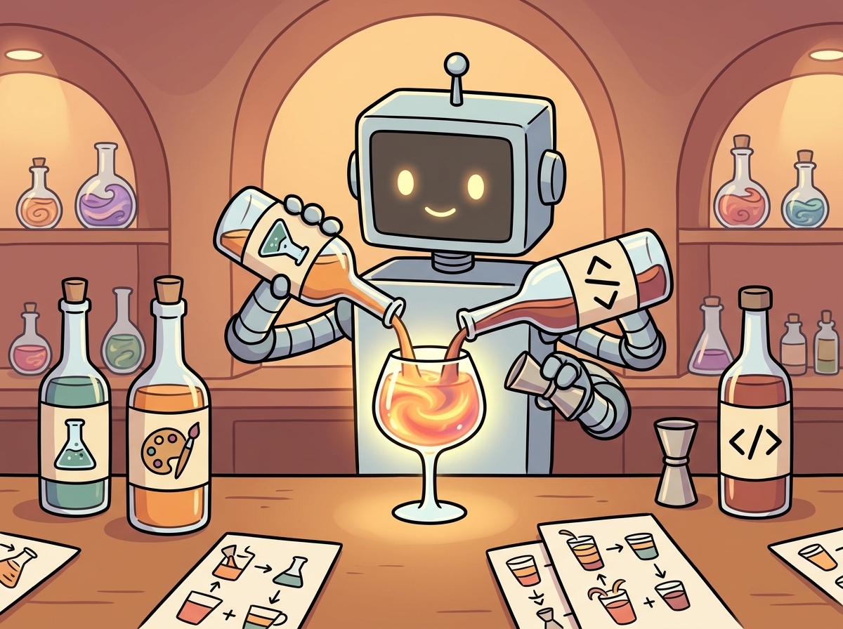 A bartender mixing different model weights together like cocktail ingredients to create a blended model