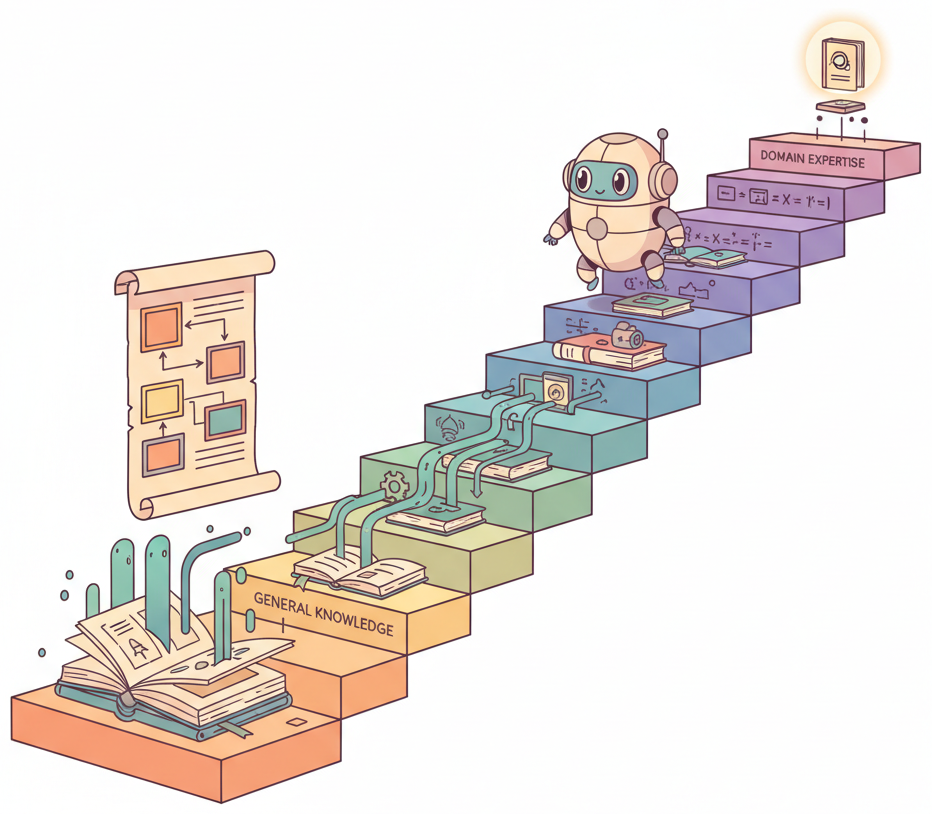 A multi-stage progressive training pipeline showing the curriculum moving from general pretraining through domain adaptation to task-specific fine-tuning