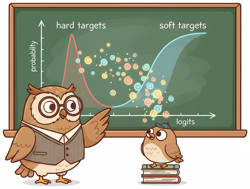 Visualization of how temperature scaling transforms a sharp softmax distribution into a softer one, revealing dark knowledge in non-top predictions