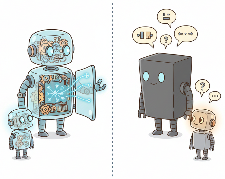 Side-by-side comparison of white-box distillation with full logit access versus black-box distillation using only text outputs from an API