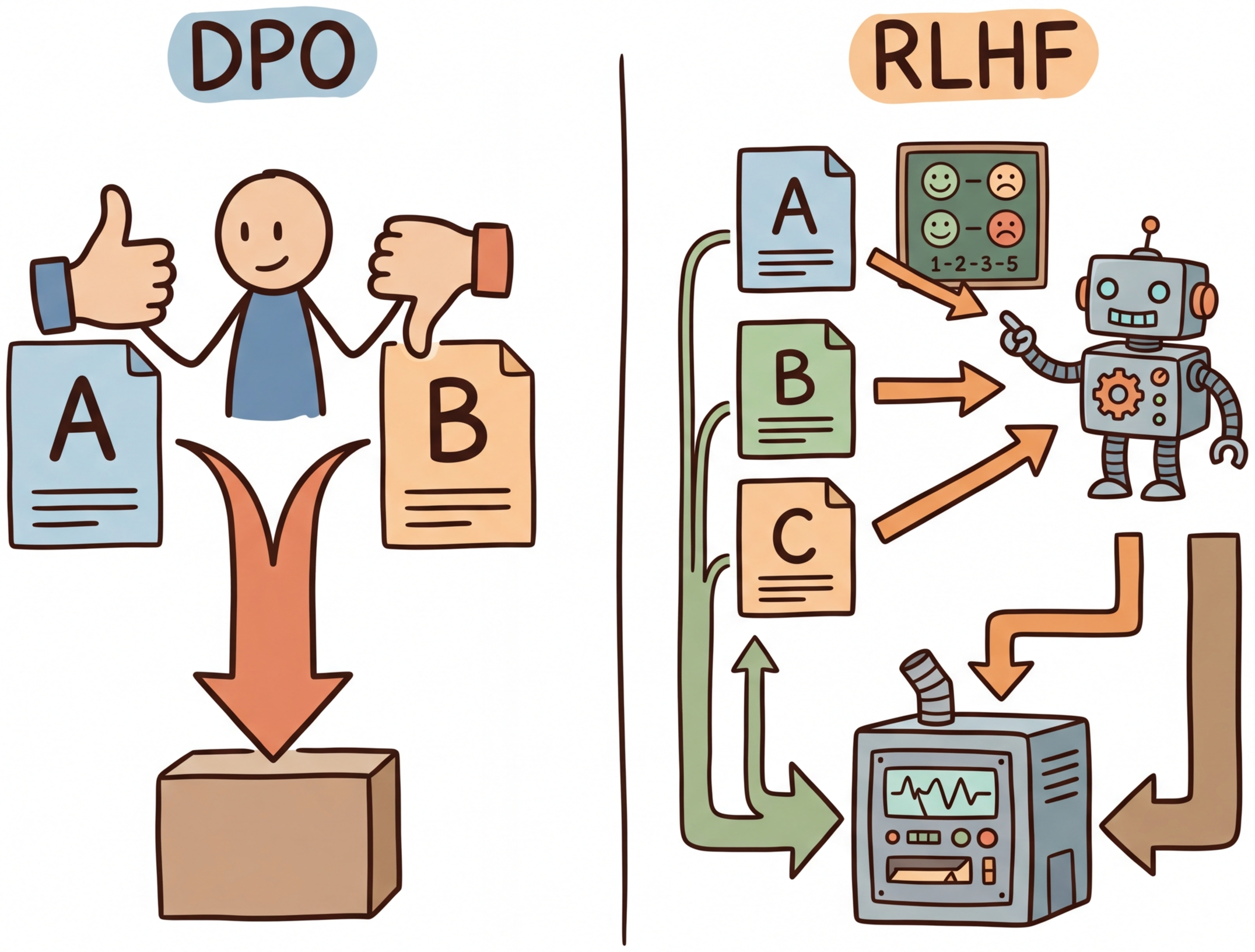 A side-by-side comparison showing RLHF's complex multi-stage pipeline versus DPO's streamlined single-stage approach
