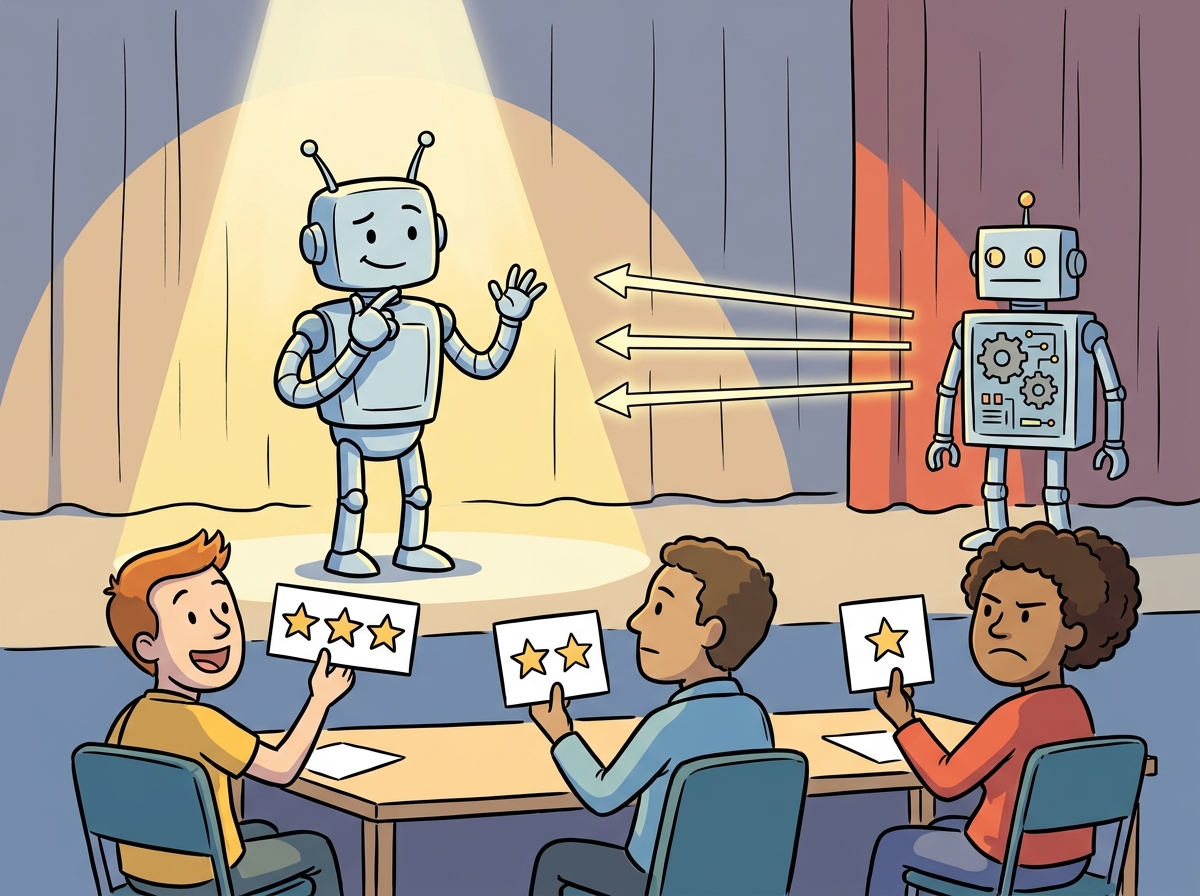 A talent show where a model performs responses and human judges score them, representing RLHF's reward modeling