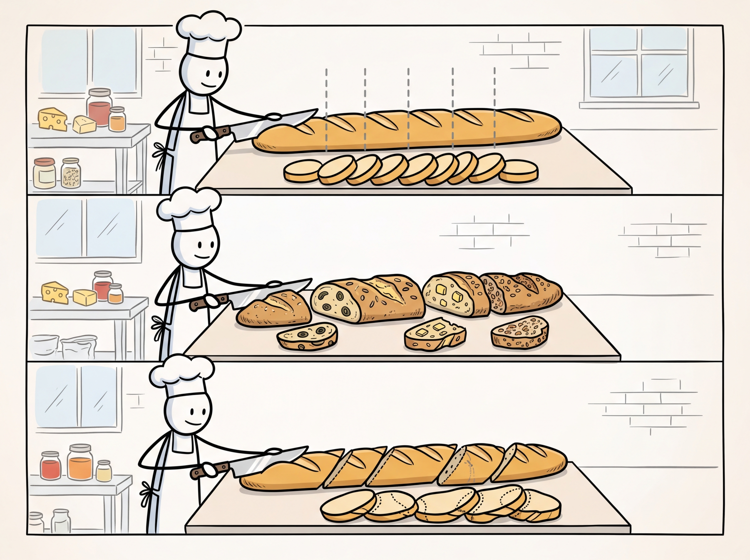 A baguette being sliced into chunks of different sizes, representing document chunking strategies