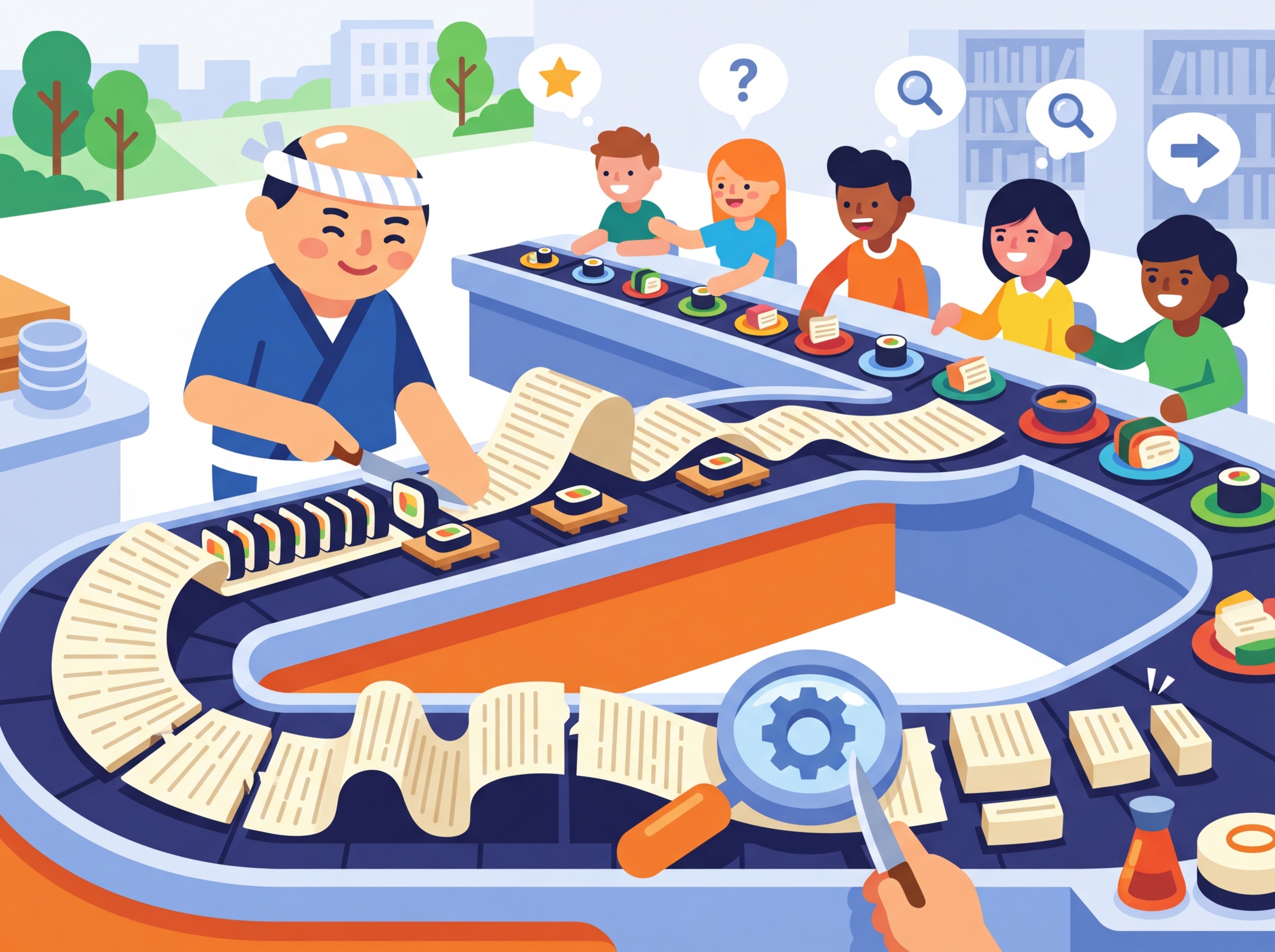 A sushi chef carefully cutting fish into precise pieces, representing semantic chunking that respects natural boundaries