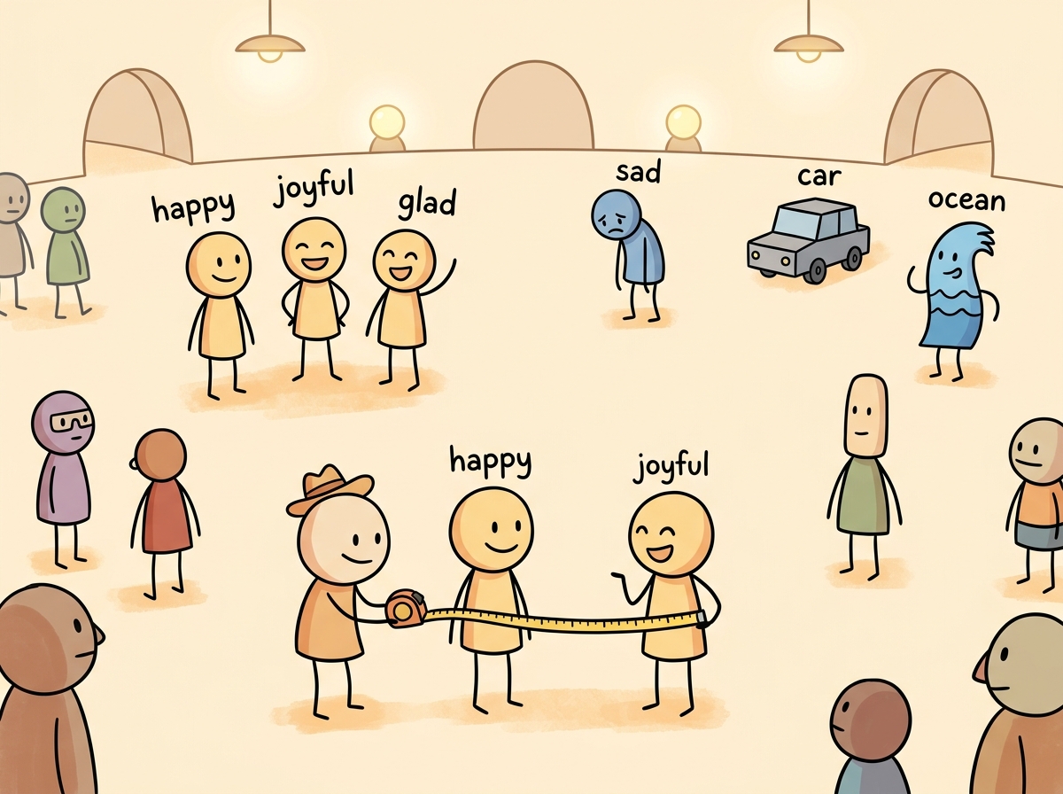 A party where similar concepts cluster together in groups while dissimilar ones stand far apart in a room