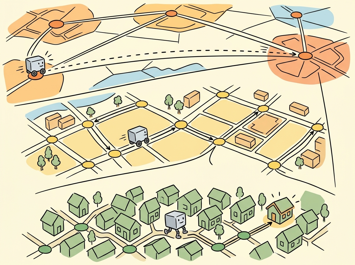 A city with express highways and local streets, representing HNSW's hierarchical graph structure for fast nearest-neighbor search