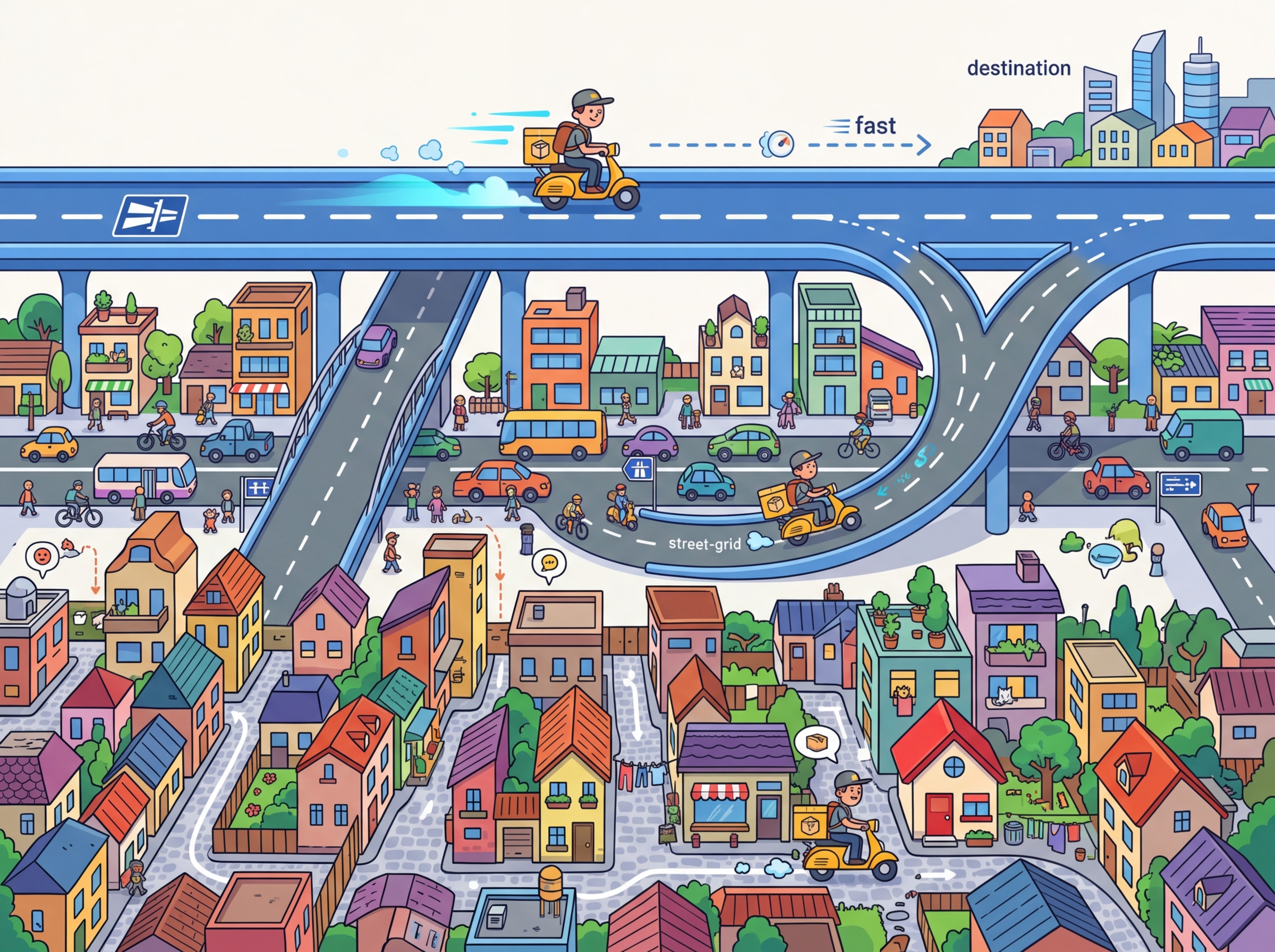 Express lanes on a highway that skip stops, representing the skip connections in HNSW's upper layers
