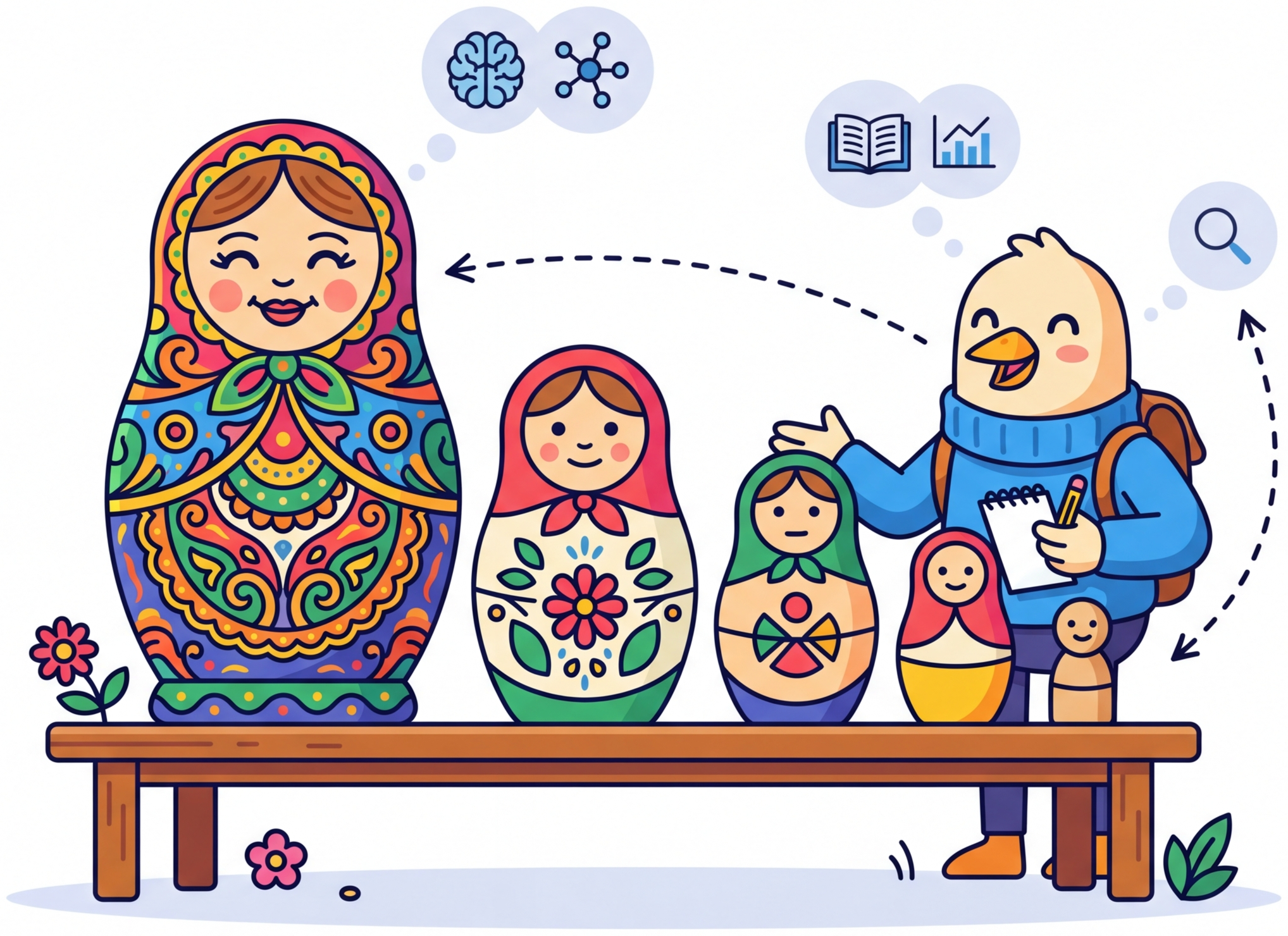 Russian nesting dolls where each layer represents a different embedding dimensionality, all containing useful information