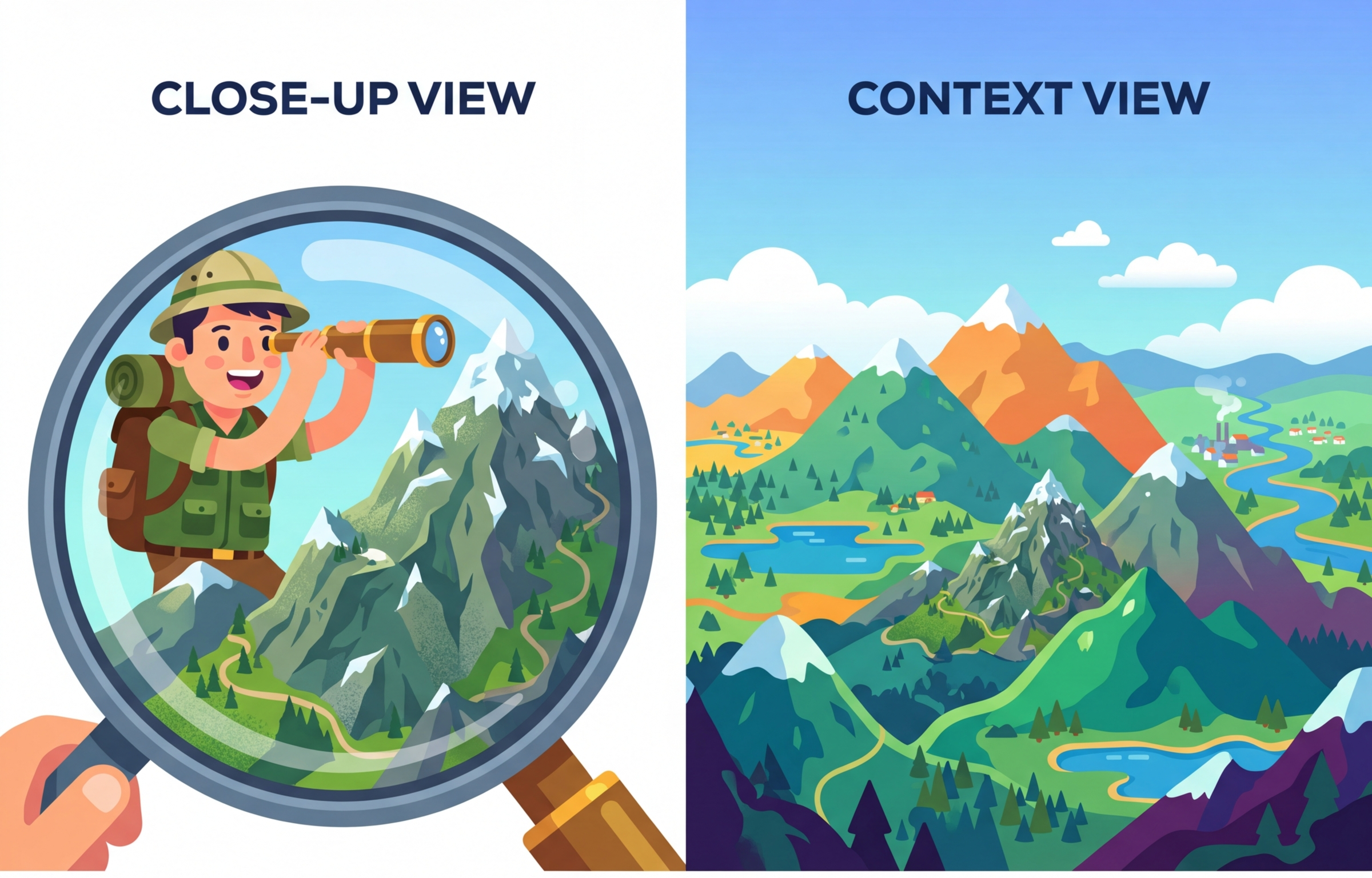 A telescope zooming from a wide view to a specific detail, representing parent-child chunk retrieval